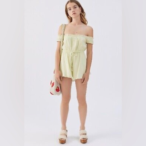UO Evie Off-The-Shoulder Check Romper Urban Outfitters Light Green Ruffle Size M - Picture 1 of 11